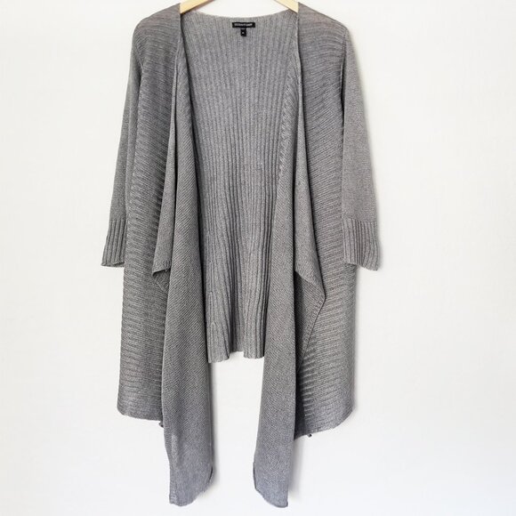 Eileen Fisher Linen Silk Blend Rib Knit Open Front Waterfall‎ Cardigan M Gray - Picture 2 of 16